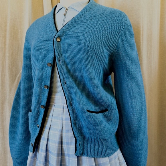 Blue Knit Cardigan – 60s Varsity Style with Pockets & Black Piping - Picture 3 of 5